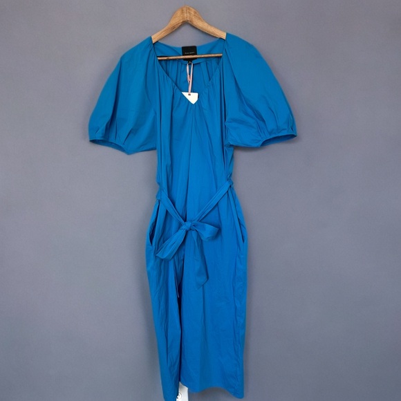 Alex Marie Blue Puff Sleeve Belted Midi Dress w/ Pockets | Size M | Retail $189 - Picture 1 of 9
